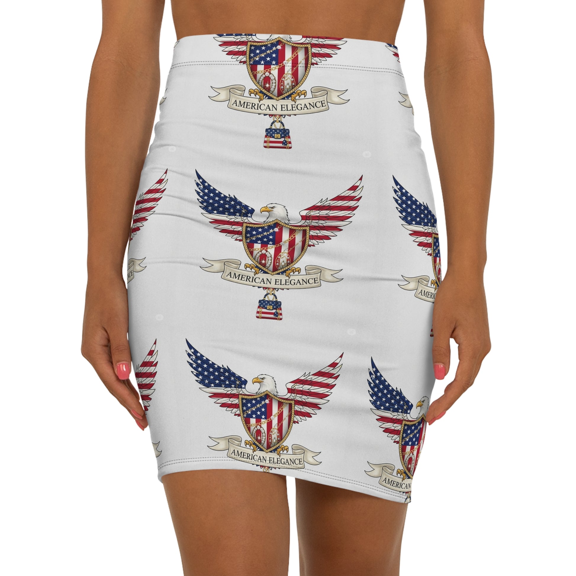 Patriotic Mid-Waist Pencil Skirt, American Eagle Design, Stylish Office Wear, Vegan Fashion, Summer Party Skirt, Casual or Formal
