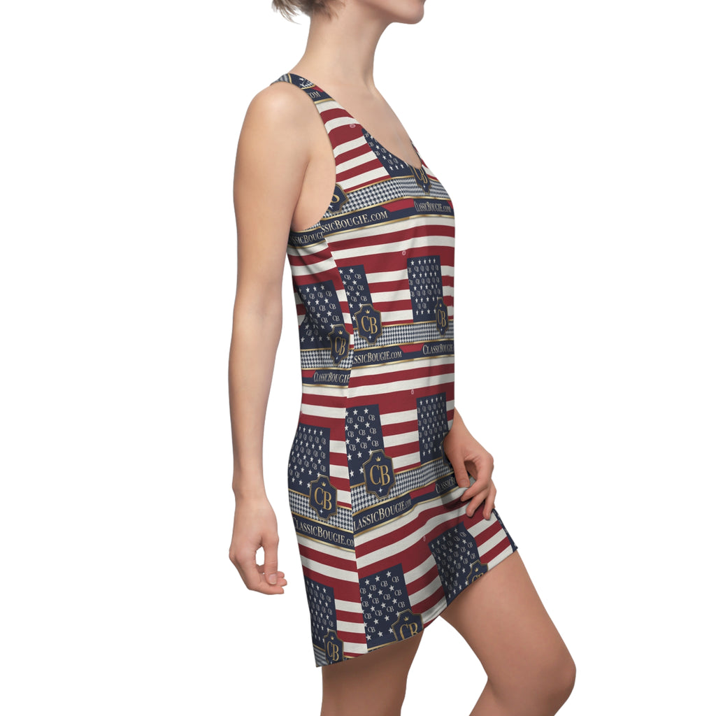 Patriotic Women's Racerback Dress, USA Flag Design, Summer Outfit, Independence Day Dress, Casual Beachwear, Stylish Independence [...]