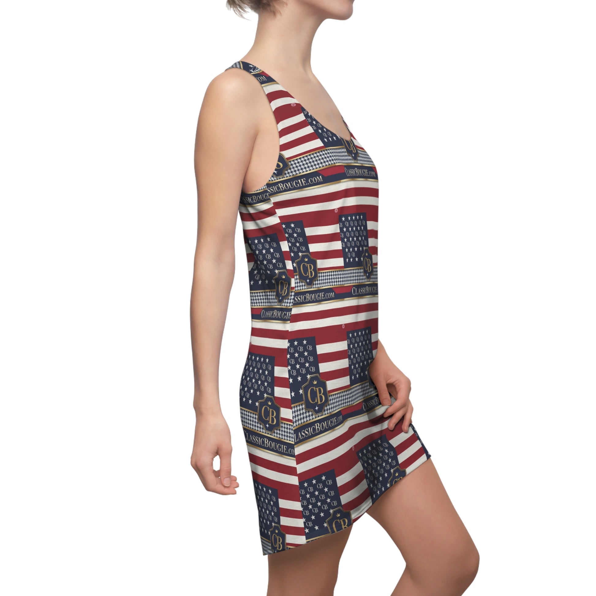 Patriotic Women's Racerback Dress, USA Flag Design, Summer Outfit, Independence Day Dress, Casual Beachwear, Stylish Independence [...]