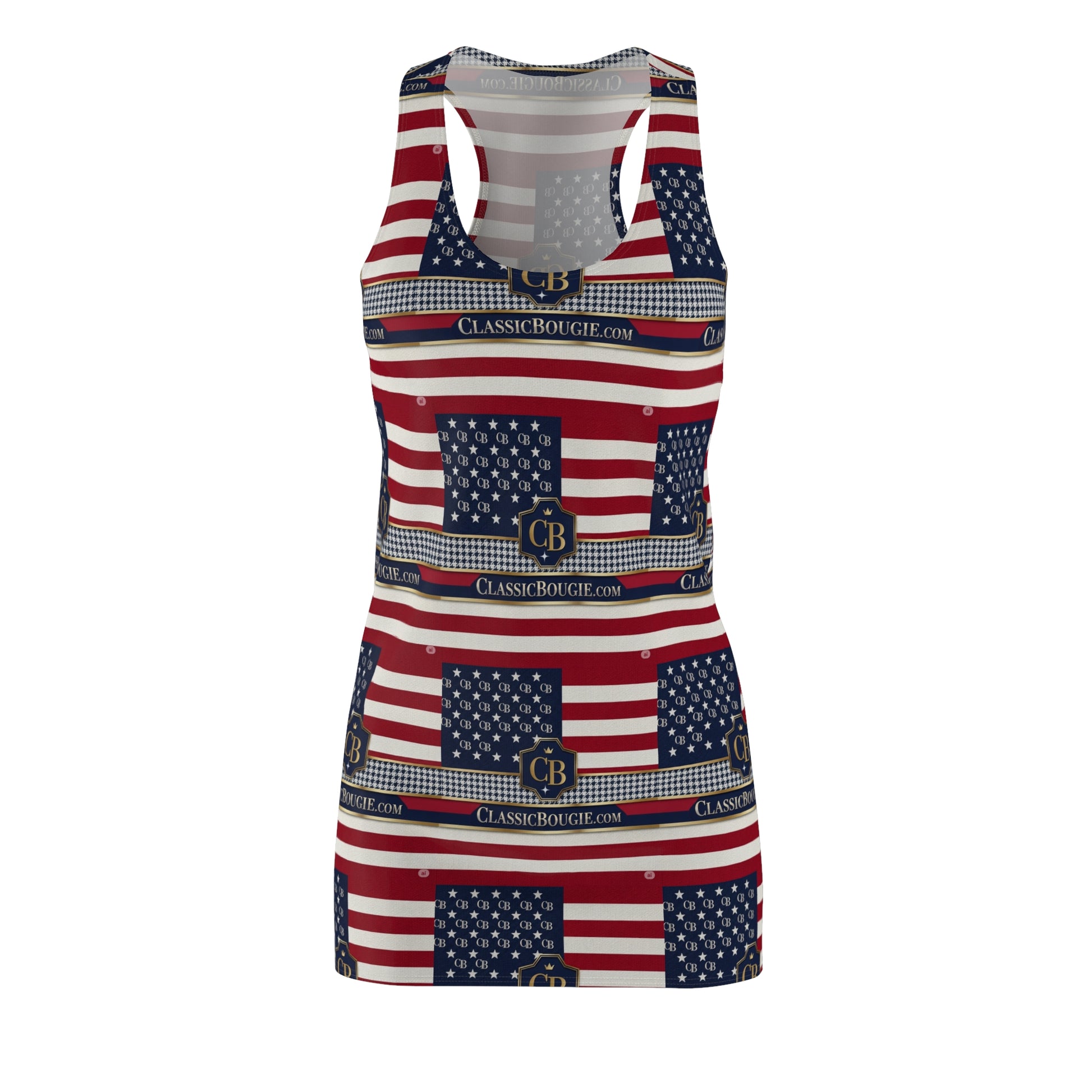 Patriotic Women's Racerback Dress, USA Flag Design, Summer Outfit, Independence Day Dress, Casual Beachwear, Stylish Independence [...]